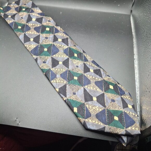 G.J. Cahn Vintage Silk Tie Green & Blue Geometric Pattern 3.5" Width Hand-Sewn - Picture 1 of 5